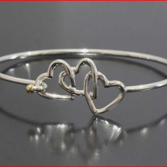 Tiffany & Co 3 Triple Heart Bracelet Gold & Silver Cuff Bangle, & Pouch! - Picture 1 of 3
